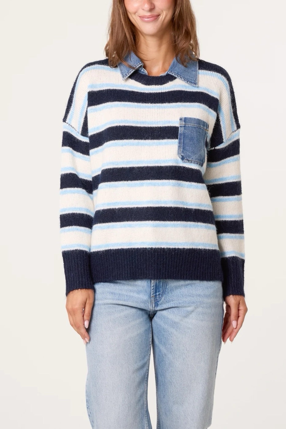 Striped Knit Jumper with Denim Collar - Blue