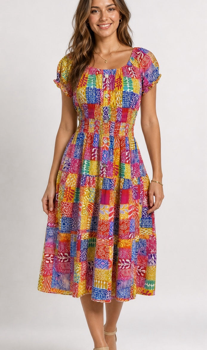 Shirred Bodice Vibrant Patch Midi Dress - Hot Pink