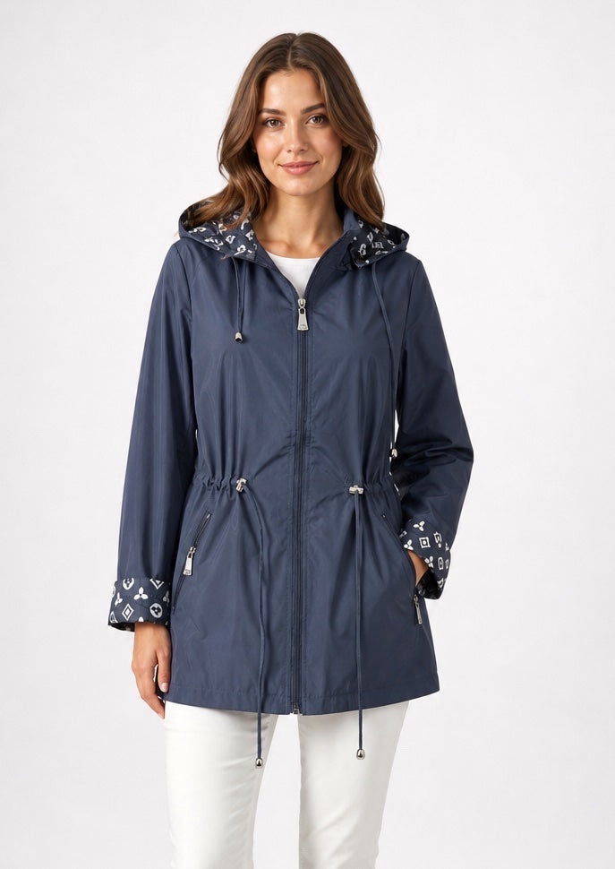 Water-Resistant Hooded Drawstring Jacket - Navy
