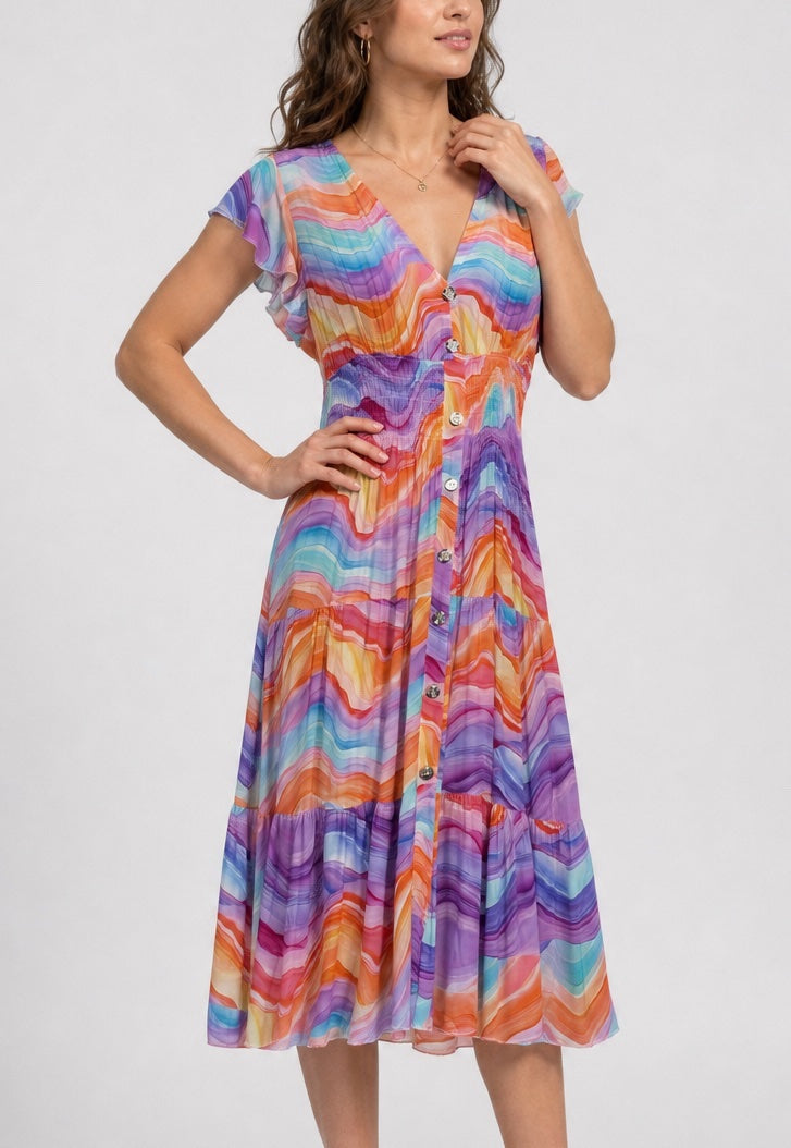 V neck Tiered Midi Dress 961-K3 - Purple