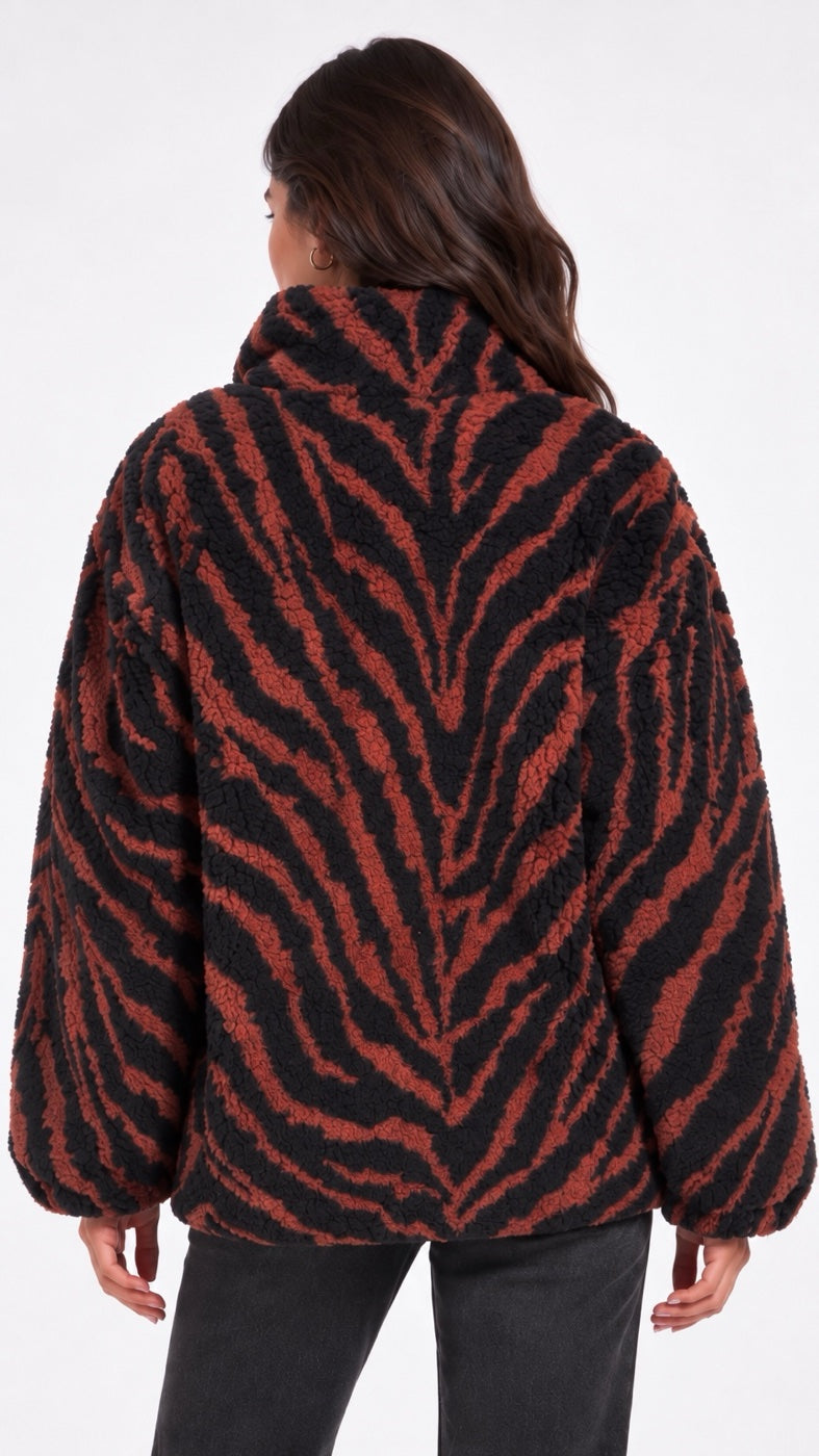 Zebra Print Fleece Zip Jacket - Black
