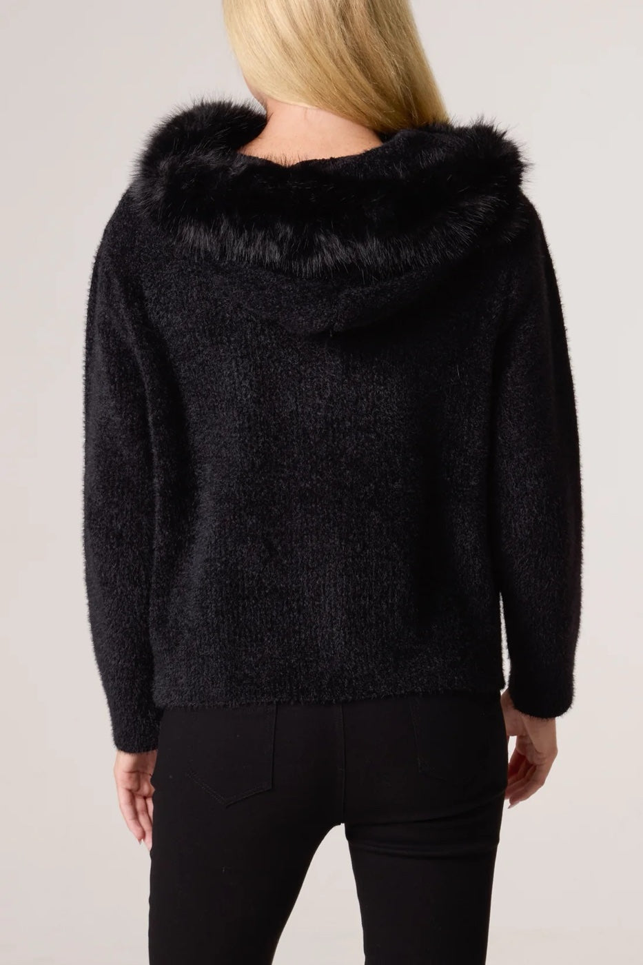 Soft Knit Hooded Jacket with Faux Fur Trim - Black (2)