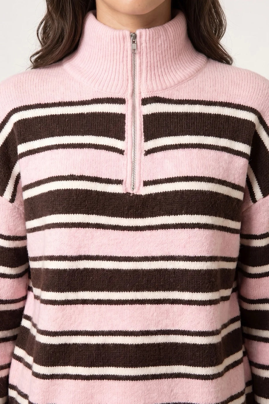 Striped Quarter Zip Funnel Neck Jumper - Baby Pink (2)