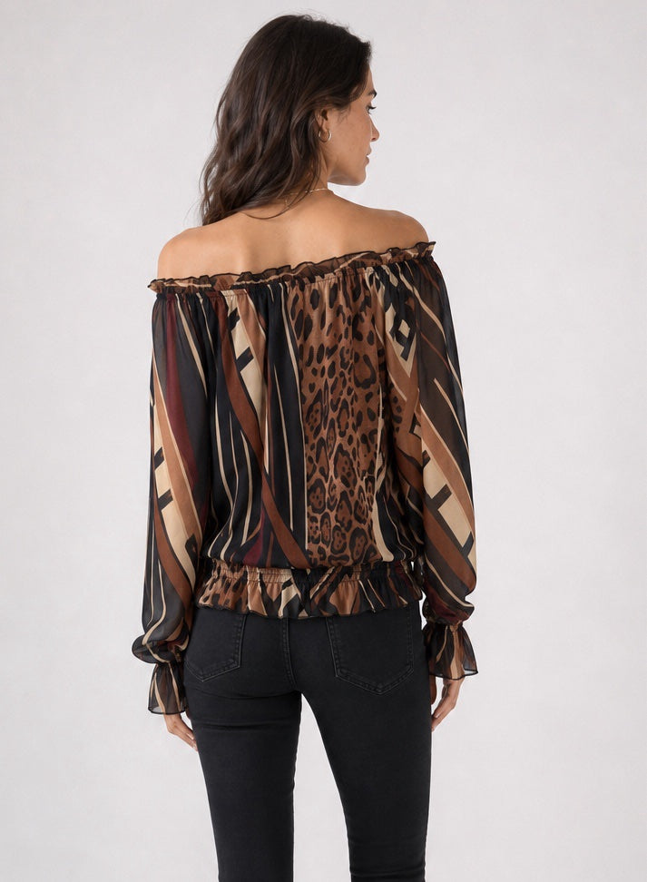 Patterned Off-the-Shoulder Ruffle Blouse - Black (2)