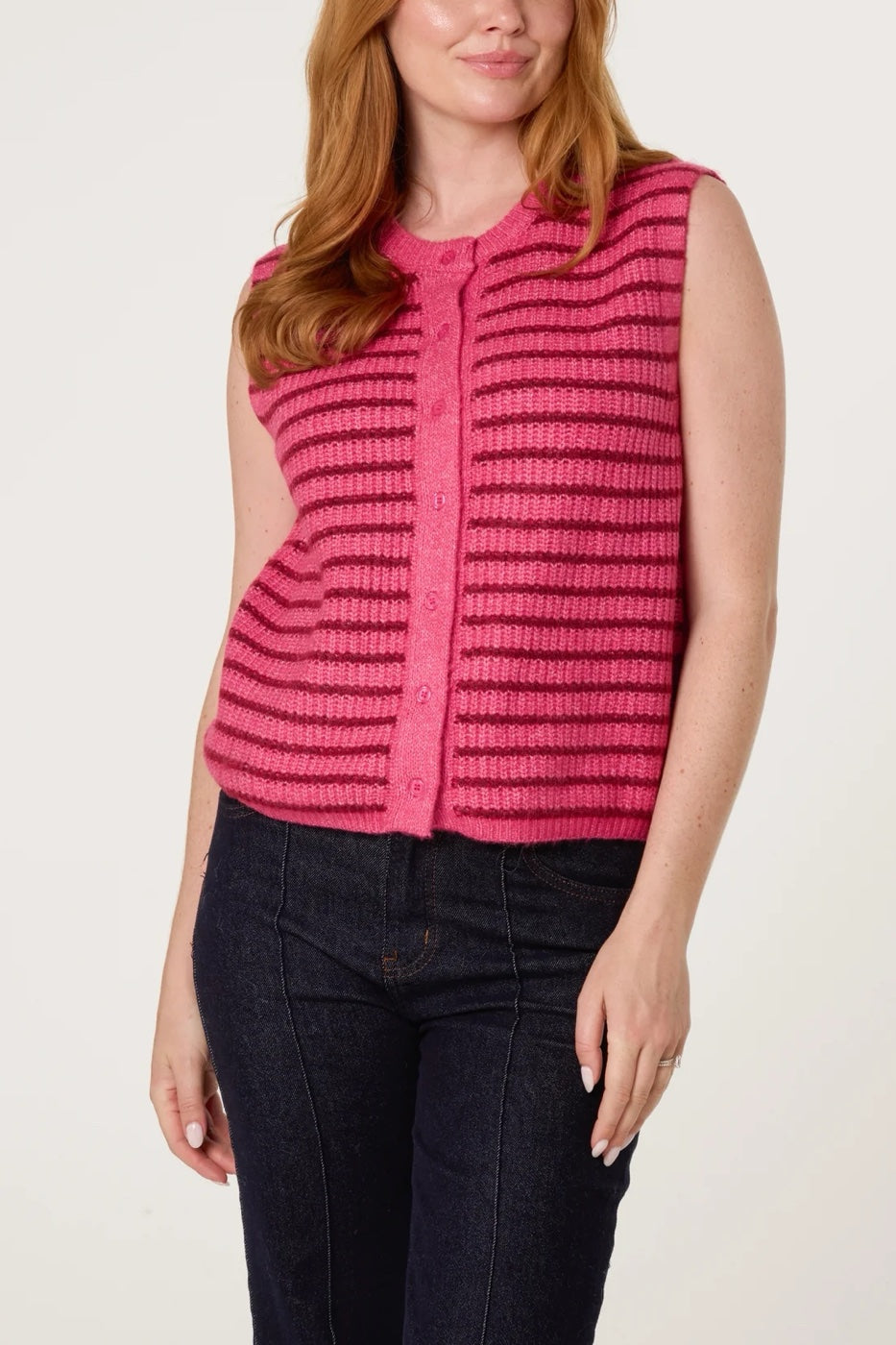 Striped Knitted Button-Up Vest - Deep Pink (2)