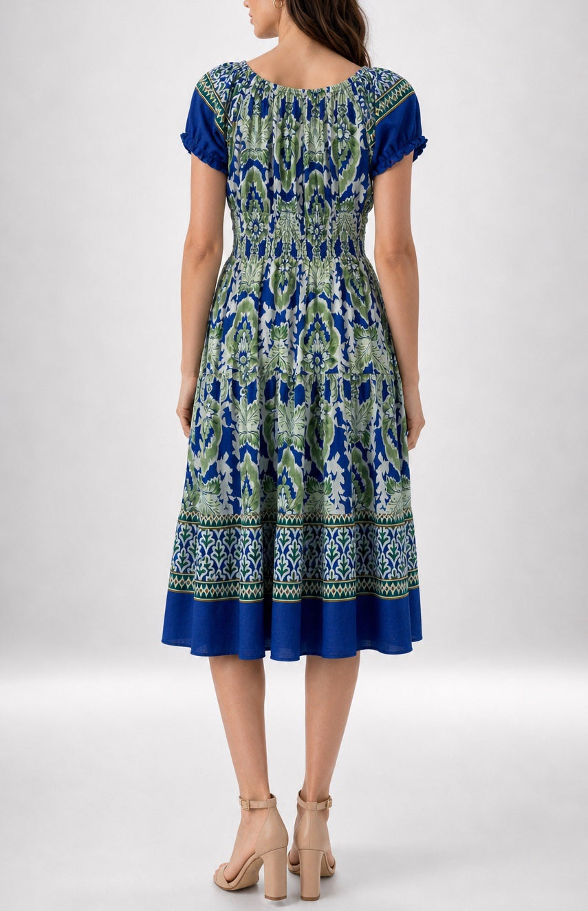 Smocked Bodice Puff Sleeve Midi Dress - Blue (2)
