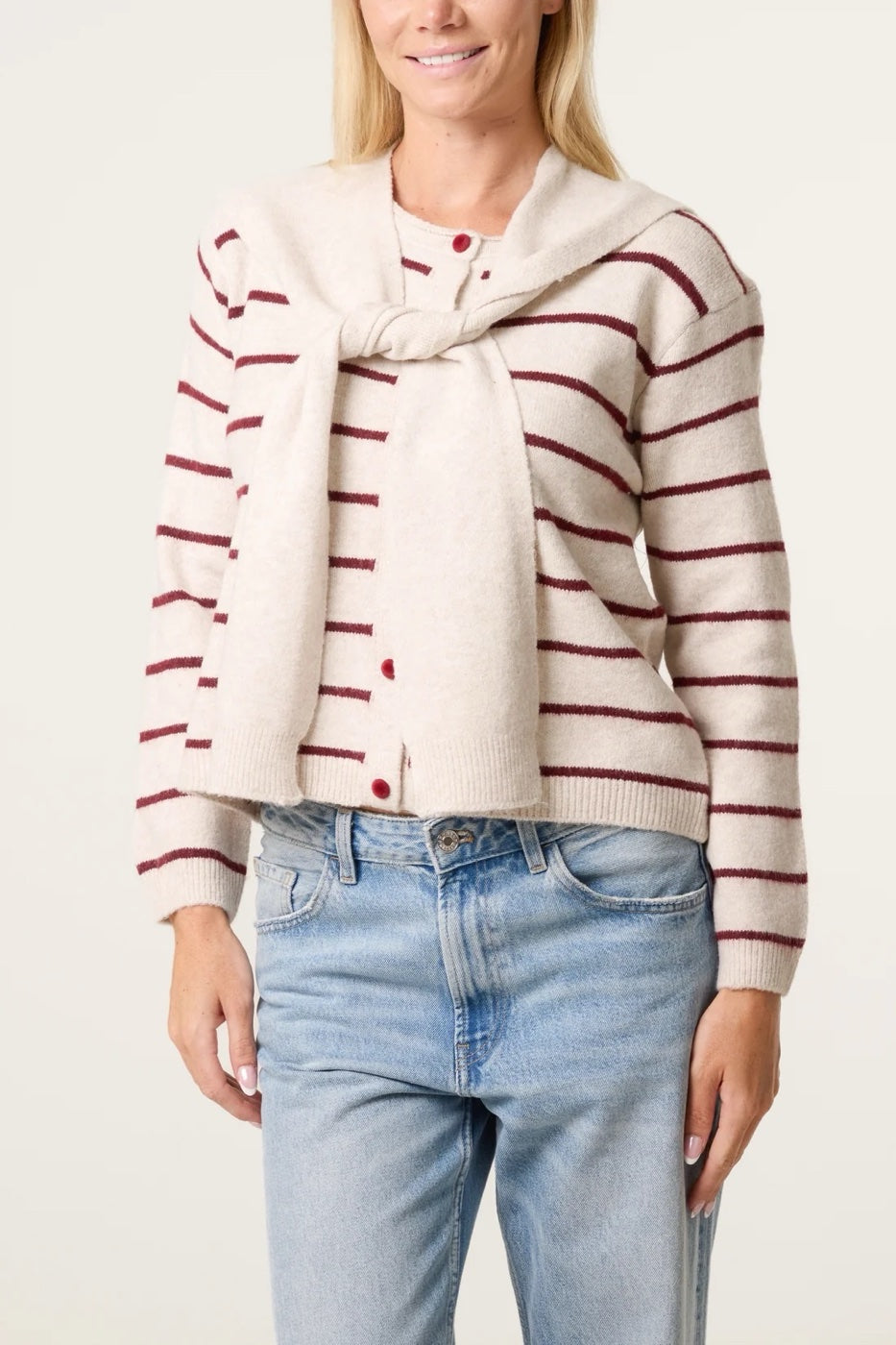 Striped Knit Scarf Cardigan - Wine