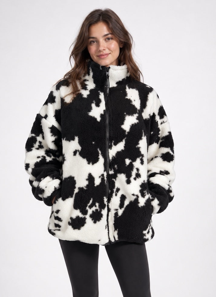 Contrast Print Fleece Jacket - Black