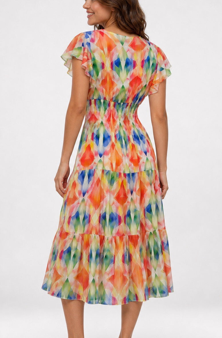 Tiered Midi Dress with Shirred Waist 961-K6 - Multi (2)
