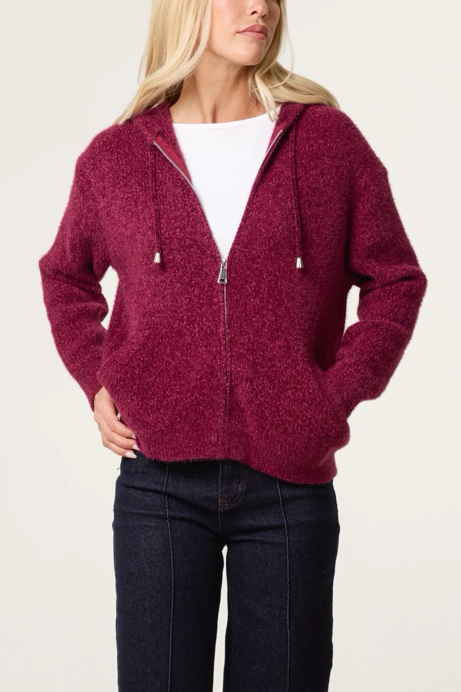 Textured Knit Hooded Zip Jacket - Wine (2)