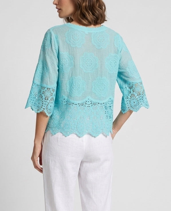 Embroidered Lace-Trimmed Blouse - Turquoise (2)