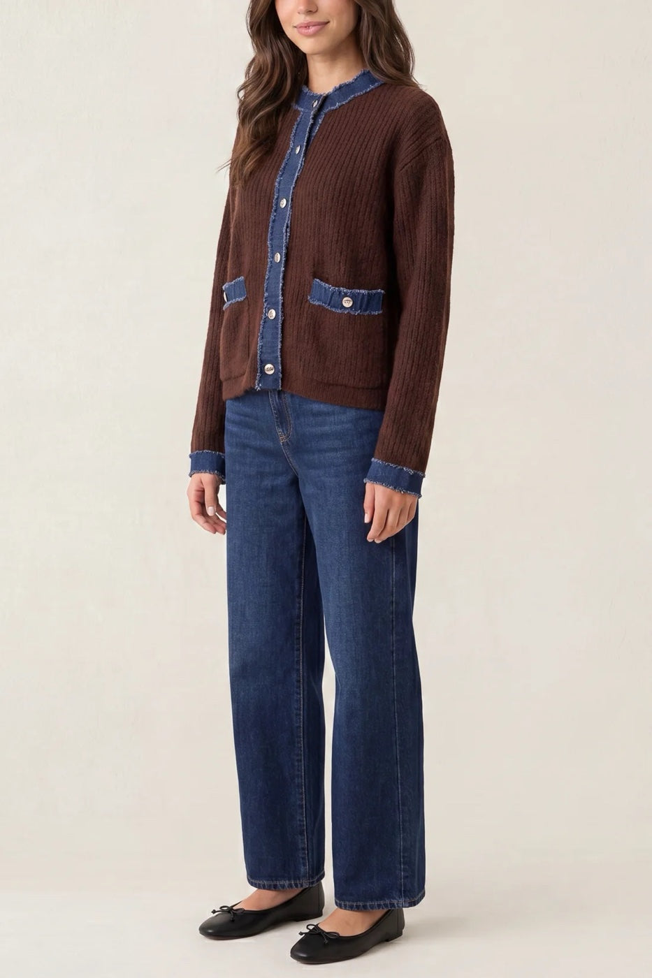 Denim Trim Ribbed Knit Cardigan - Chocolate (2)