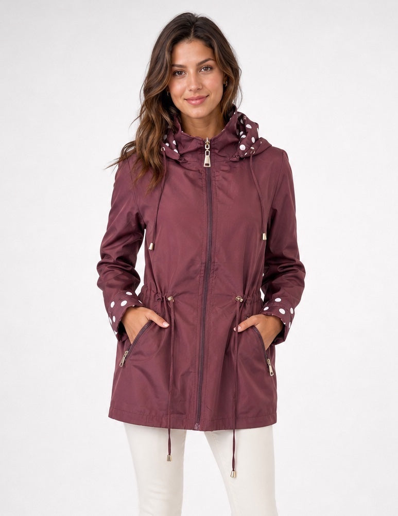 Drawstring Hooded Jacket with Polka Dot Lining - Burgundy