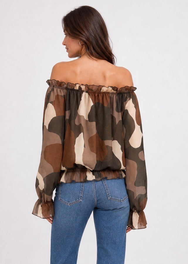 Off-the-Shoulder Tie-Front Blouse - Chocolate (2)