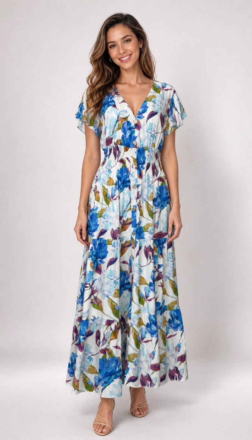 Maxi Dress with Flutter Sleeves and Shirred Waist - Blue