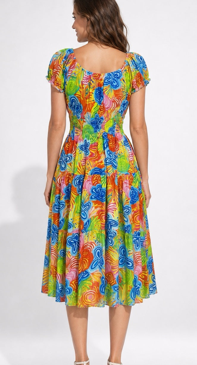 Smocked Puff Sleeve Midi Dress - Multi (2)