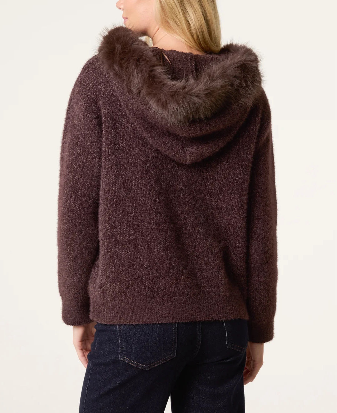 Fur Trimmed Knit Hoodie - Chocolate (2)