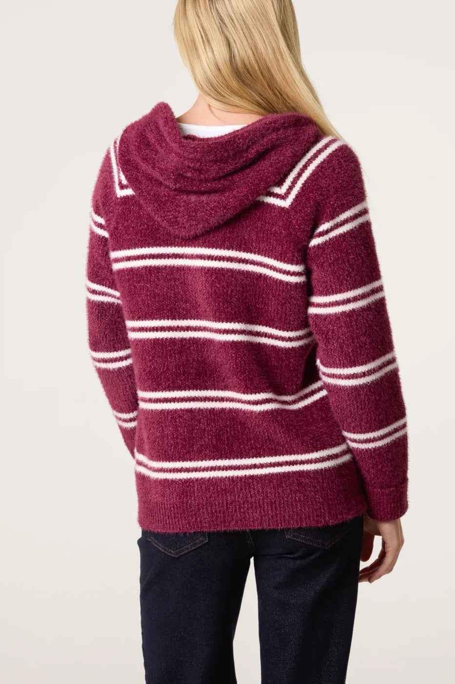 Striped Zip-Up Hooded Cardigan - Berry/Ivory (2)