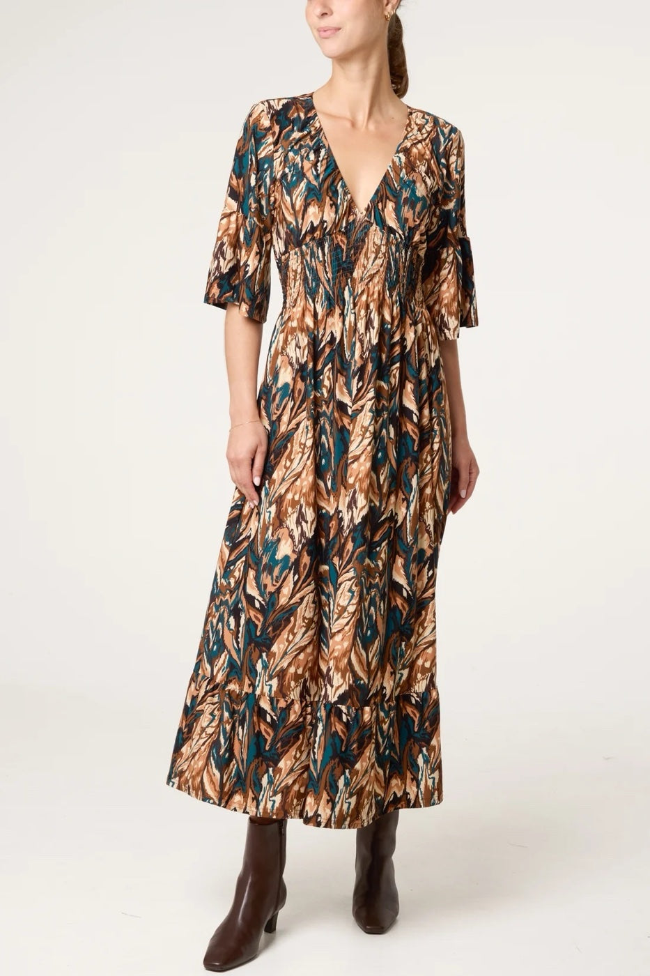 Maxi Dress with Shirred Waist and Voluminous Sleeves - Chocolate