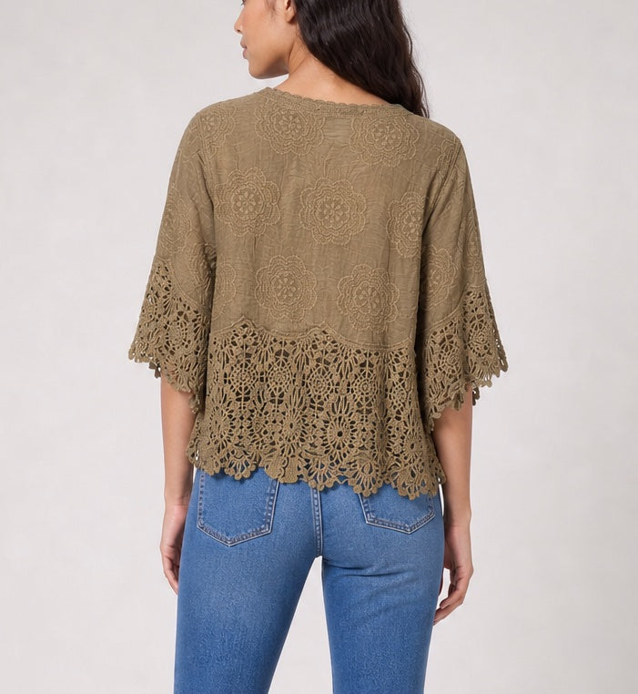 Embroidered Lace-Trimmed Blouse - Mocha (2)