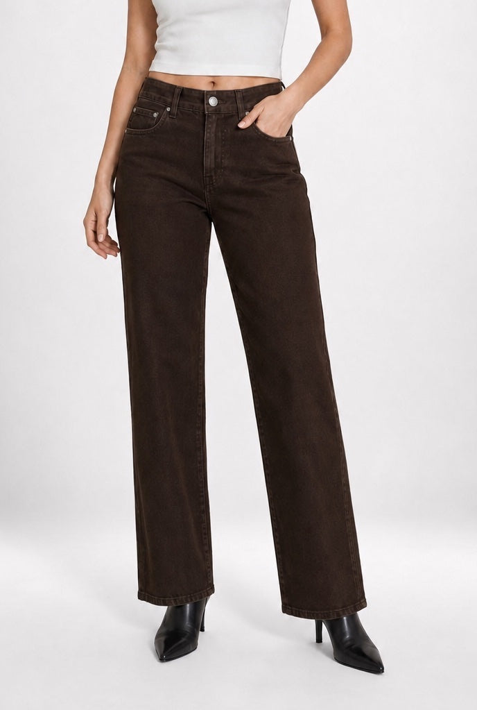 Wide Leg Denim Jeans - Chocolate