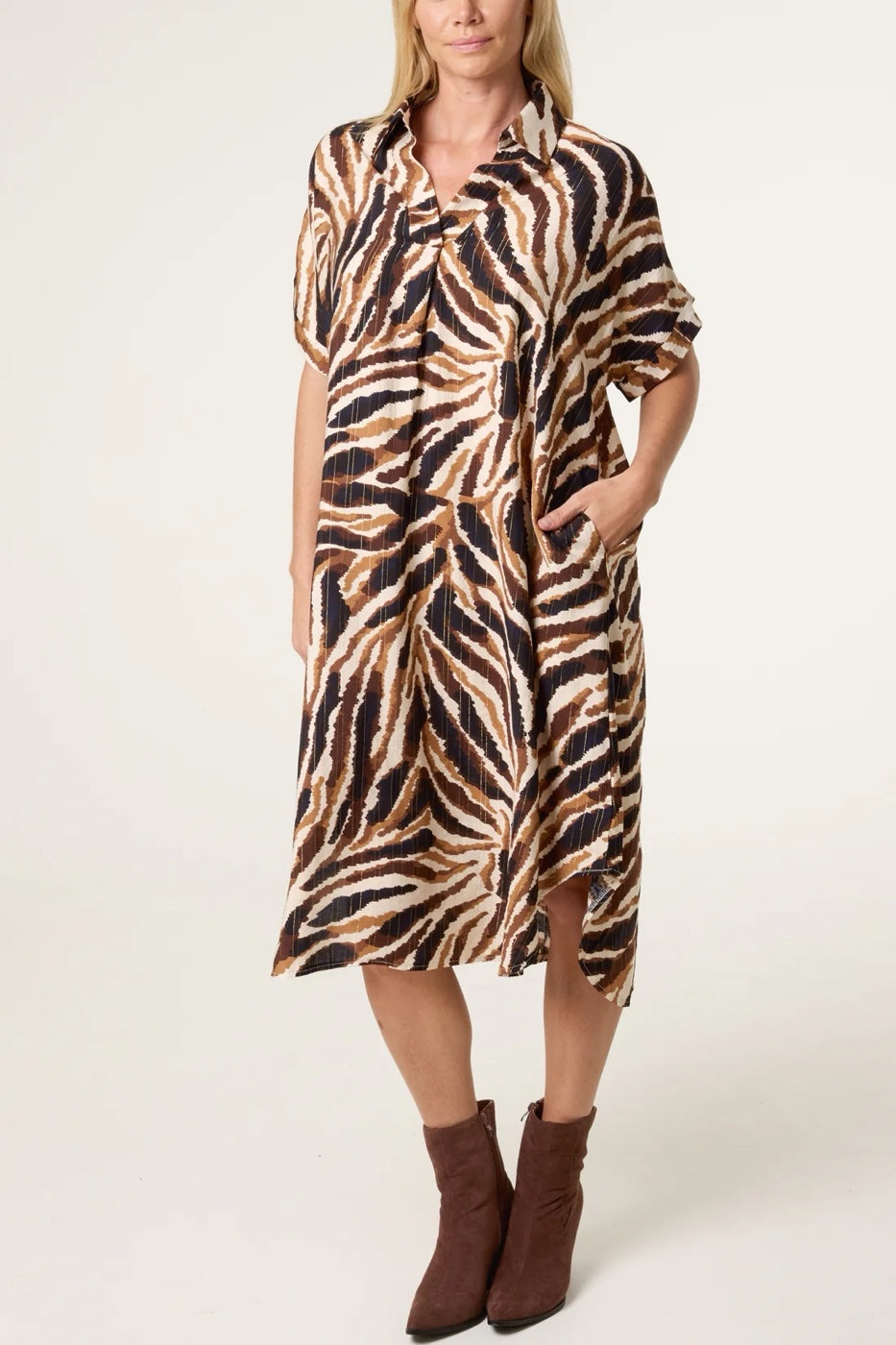 Abstract Print Shirt Dress - Brown