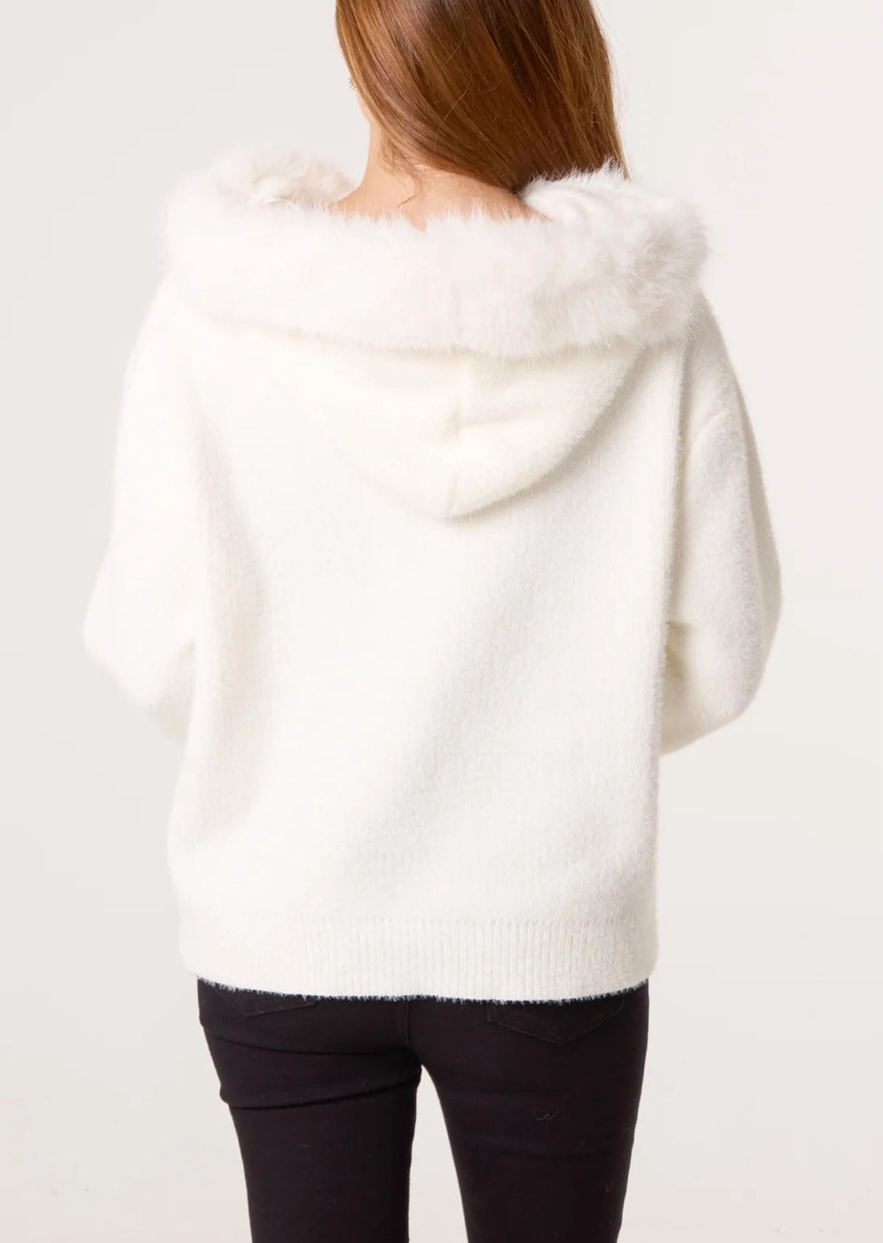 Fluffy Knit Hoodie with Faux-Fur Trim - Ivory (2)