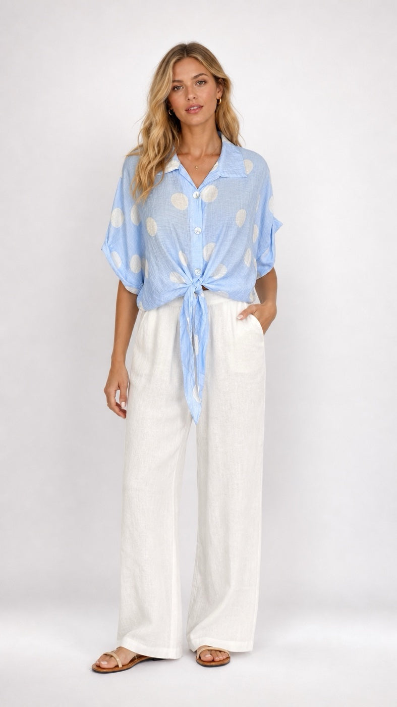 Polka Dot Knot Front Blouse - Baby Blue