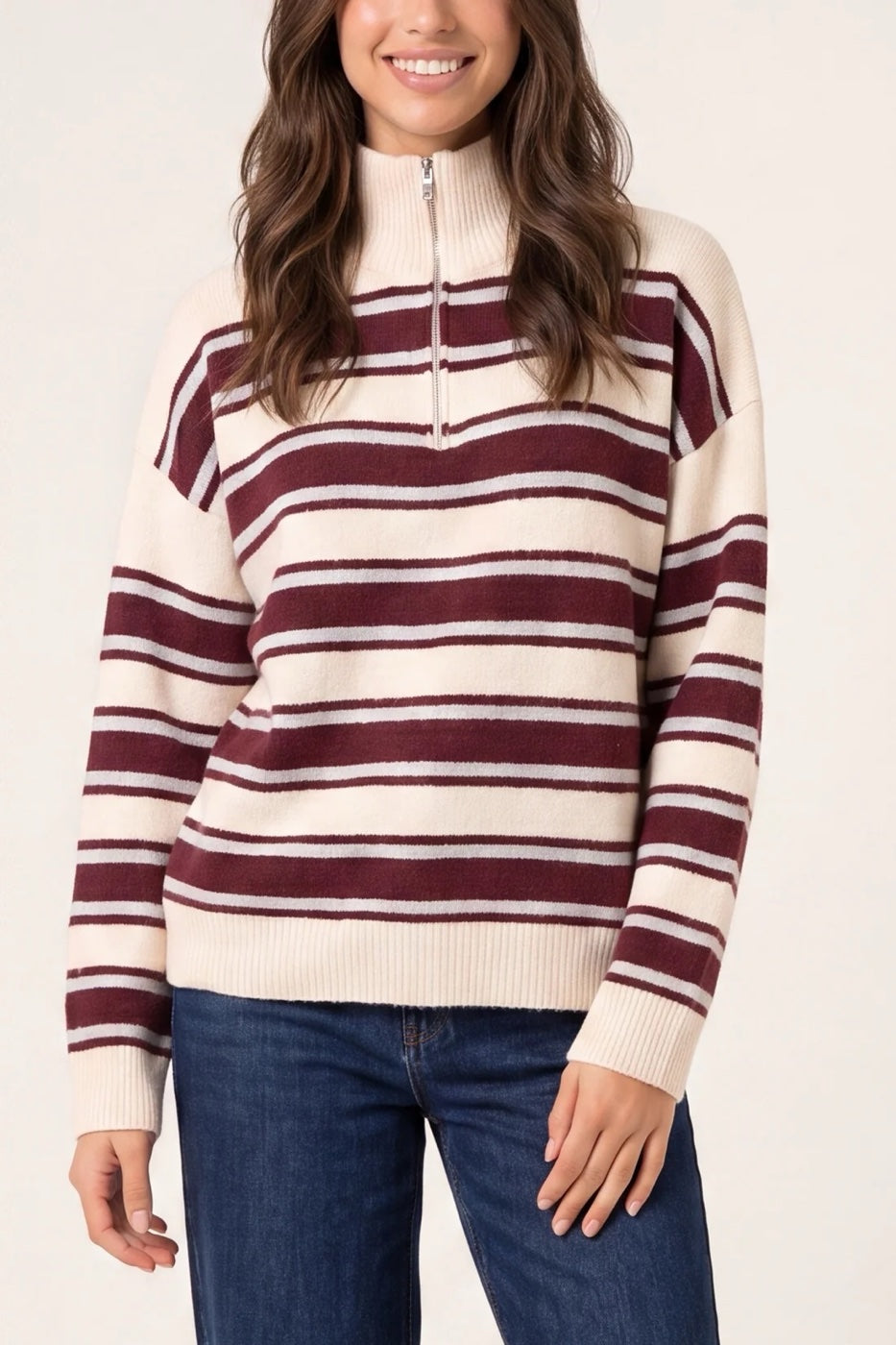 Striped Quarter Zip Jumper - Wine