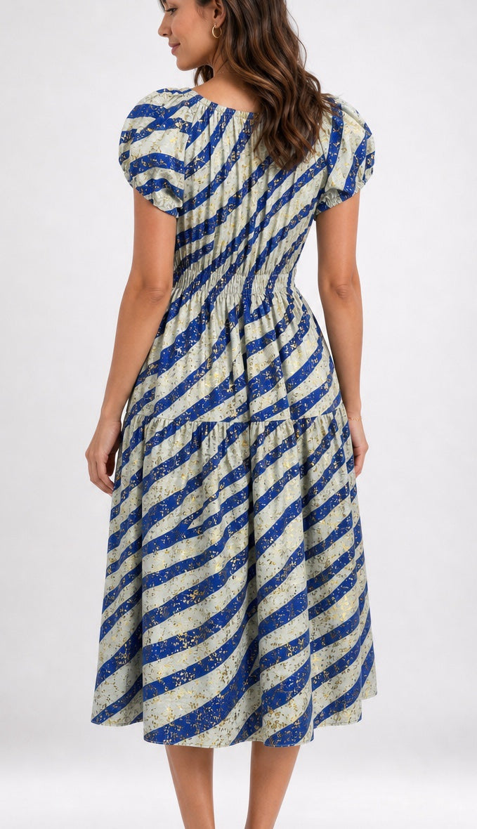 Wave Stripe Gold Foil Midi Dress - Blue (2)