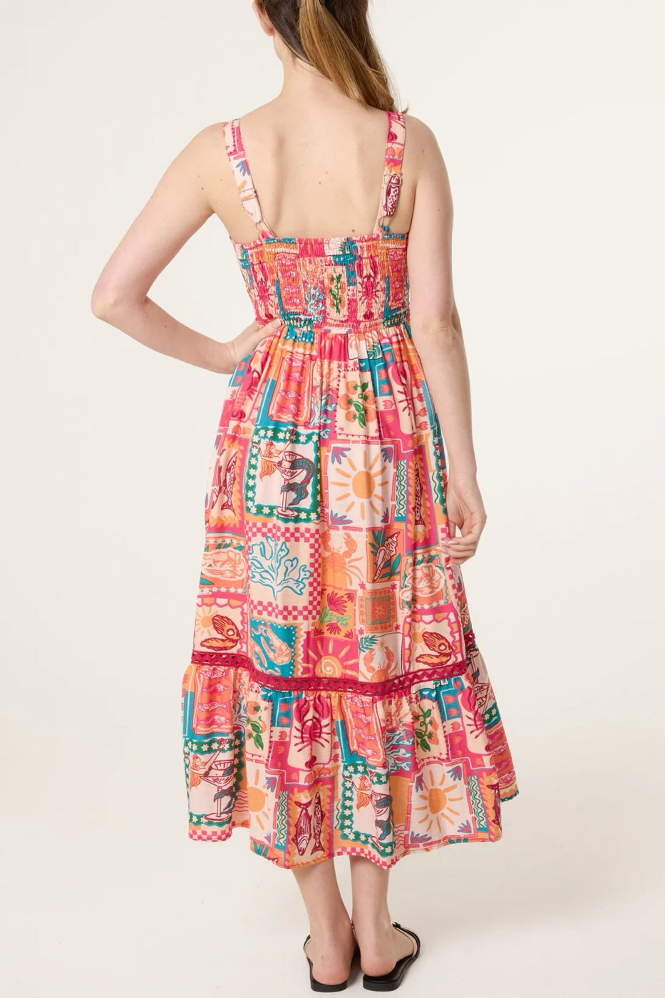 Whimsical Patchwork Print Tiered Midi Sundress - Orange Red (2)