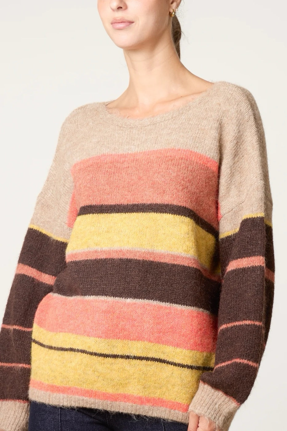 Striped Boat Neck Jumper - Coffee (2)