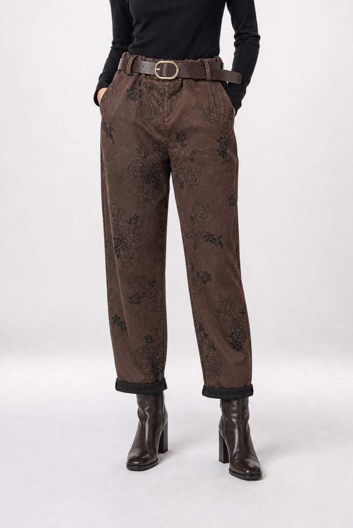 Floral Print Belted Suede Trousers - Mixed Pack