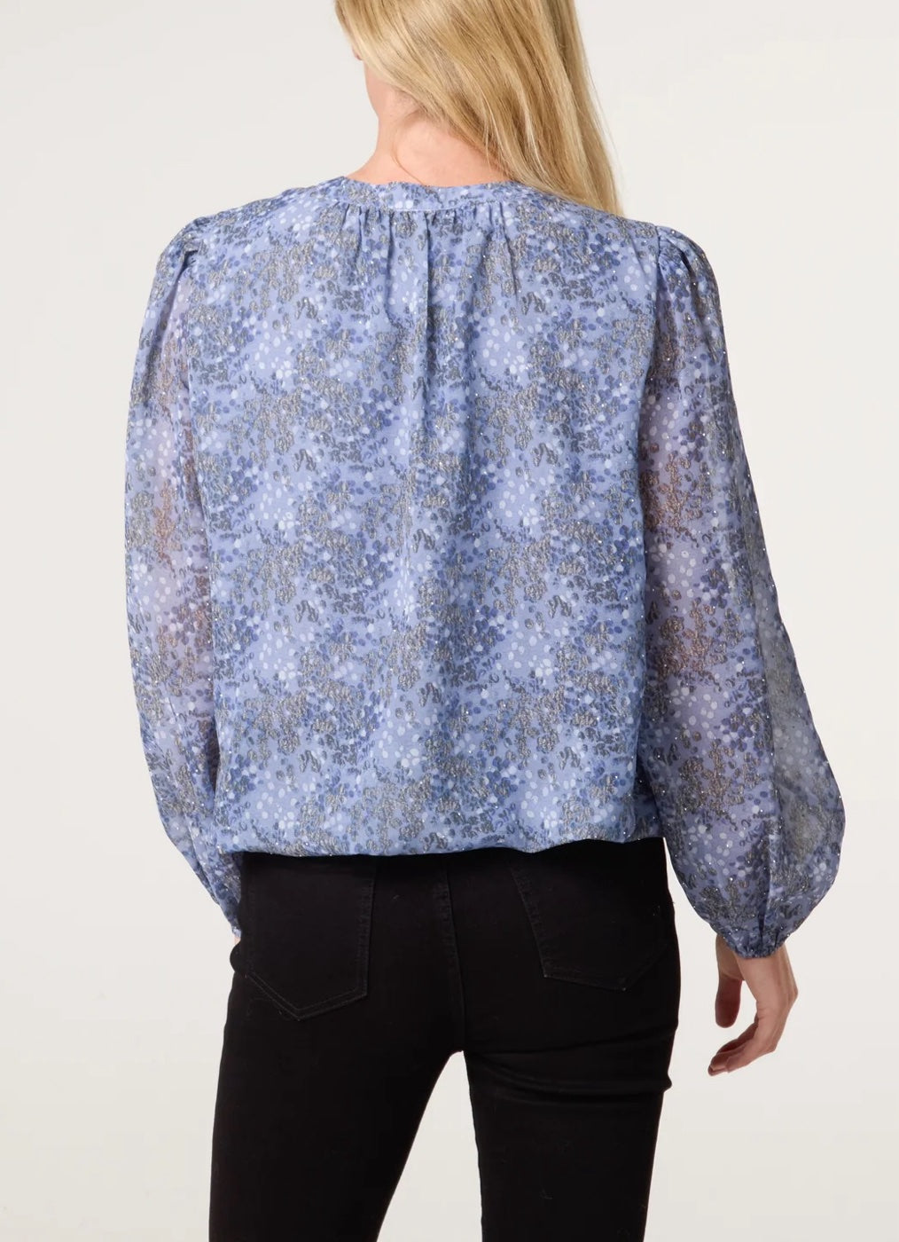 Abstract Print Tie Neck Blouse - Denim (2)