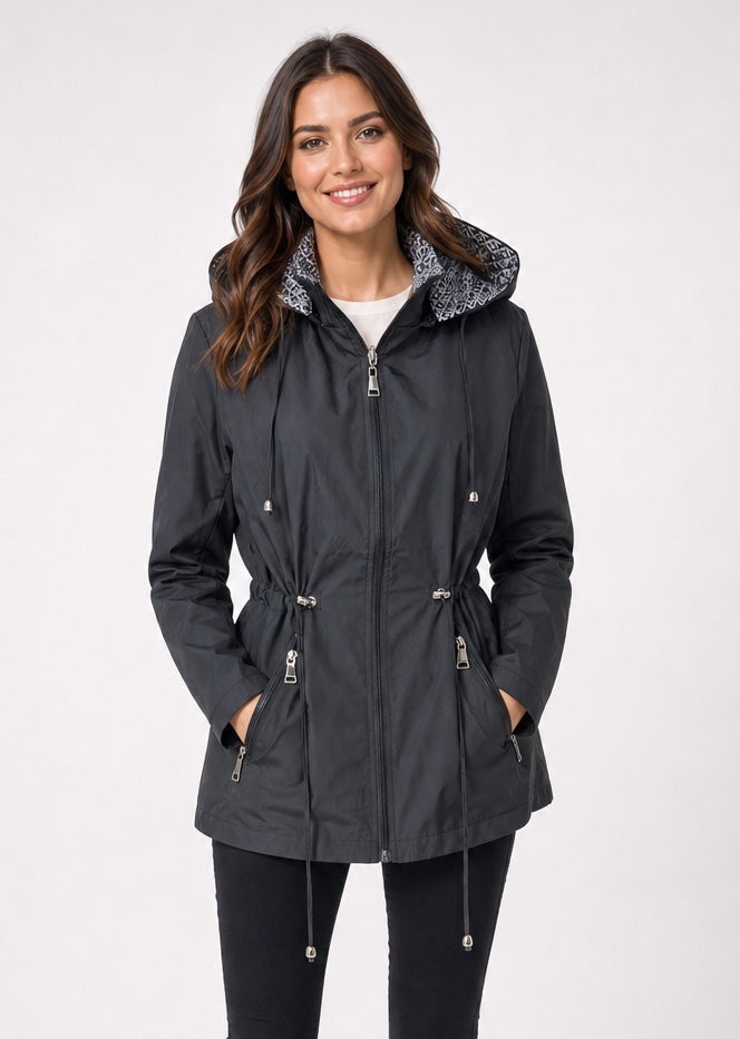 Drawstring Waist Hooded Jacket - Black