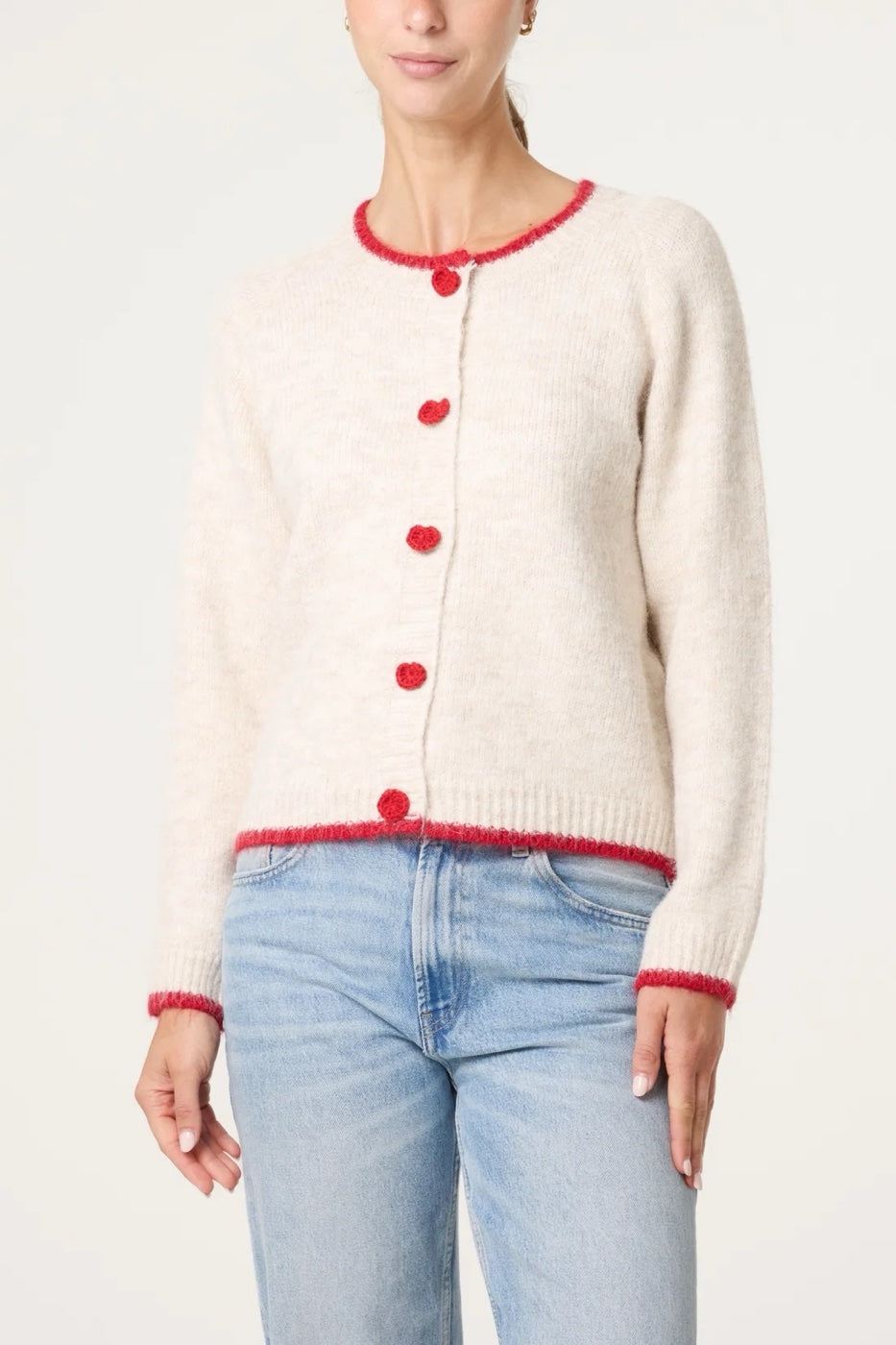 Heart Button Trim Knit Cardigan - Ivory