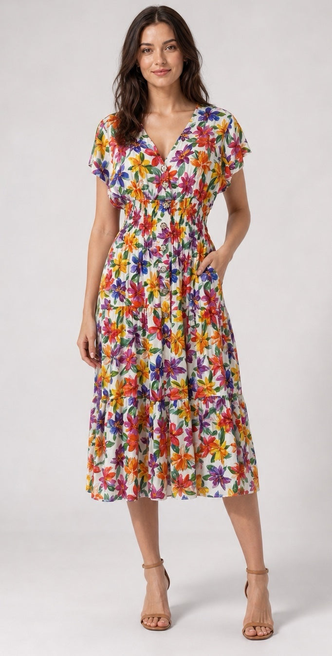 Smocked Bodice Midi Dress - White