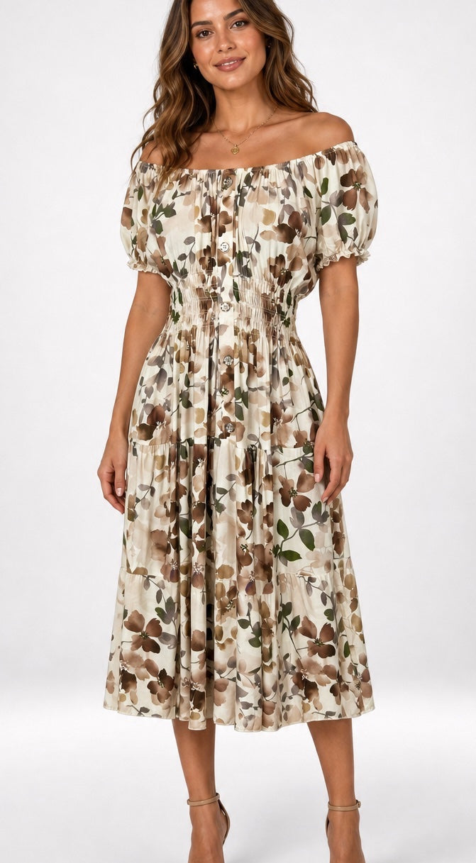 Off Shoulder Leaf Print Midi Dress - Chocolate