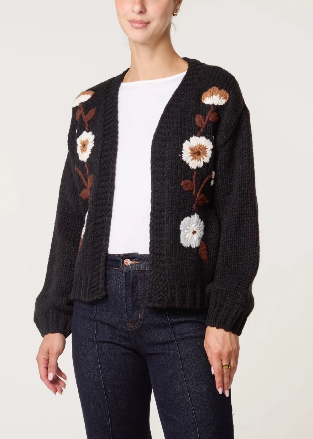 Embroidered Floral Knit Cardigan Black  - Black