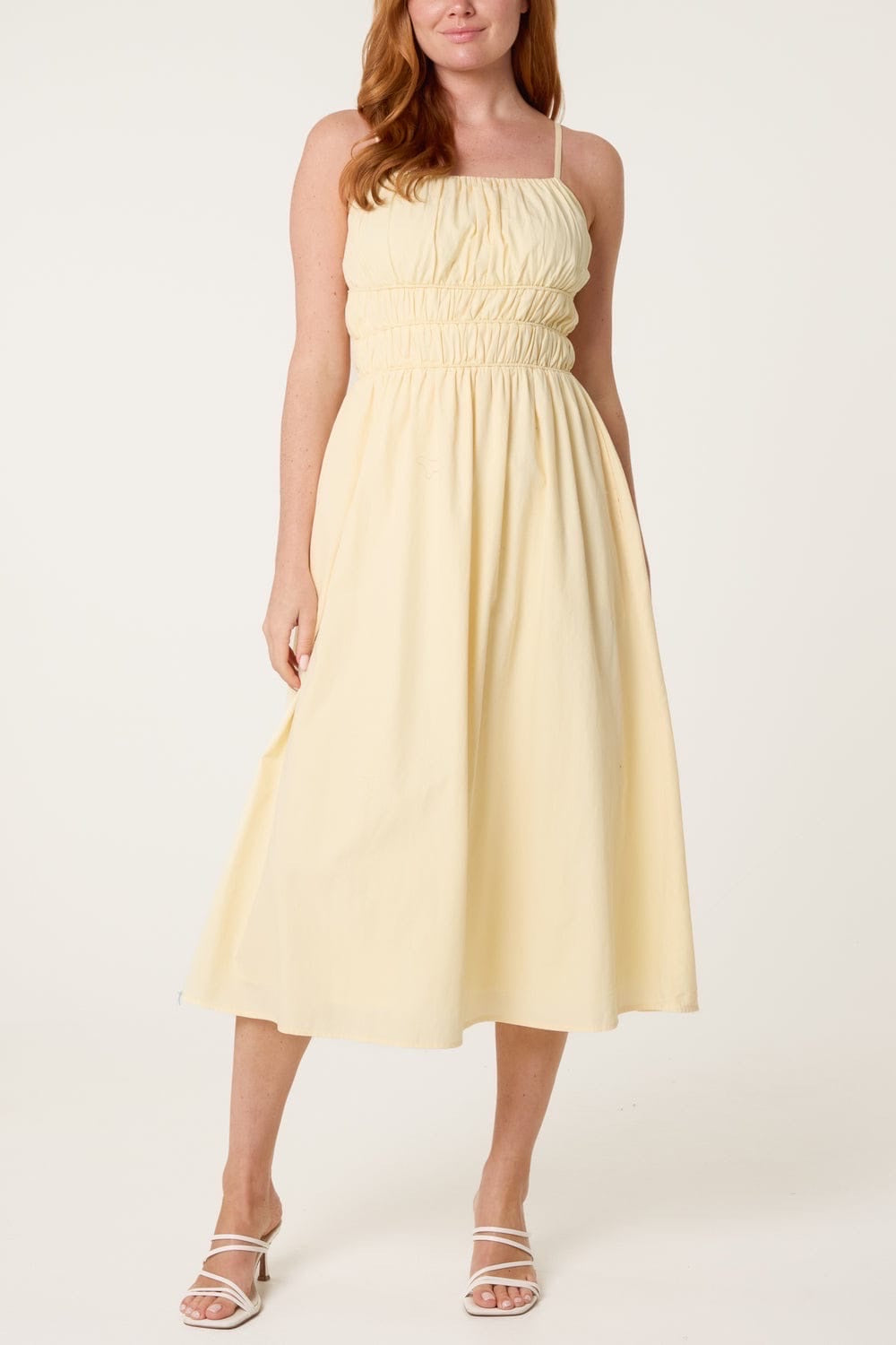 Shirred Bodice Midi Dress - Lemon