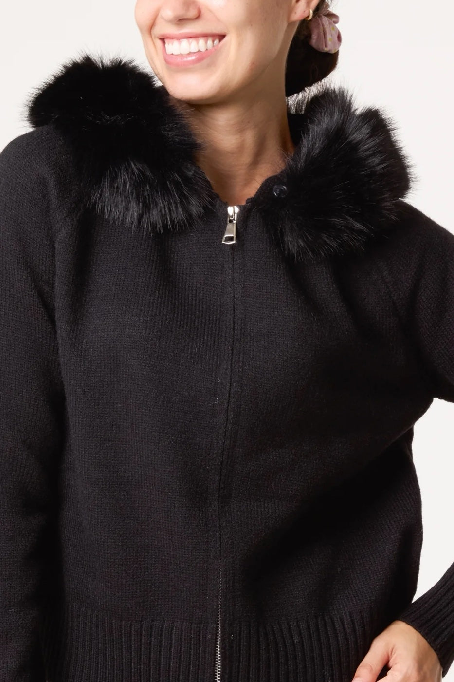 Faux Fur Trimmed Knitted Cardigan - Black
