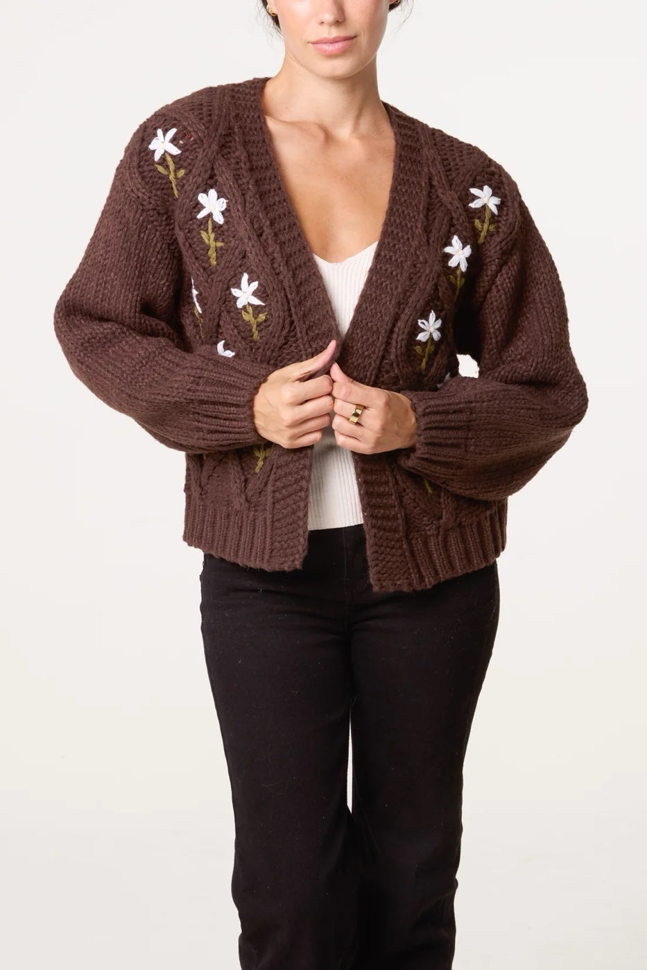 Embroidered Cable Knit Cardigan - Chocolate