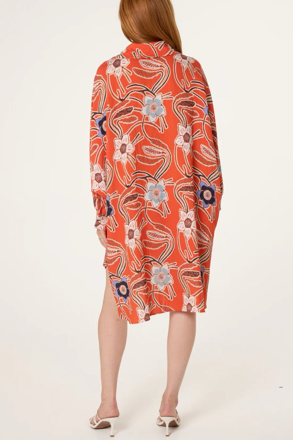 Abstract Floral Print Shirt Dress - Bright Orange (2)