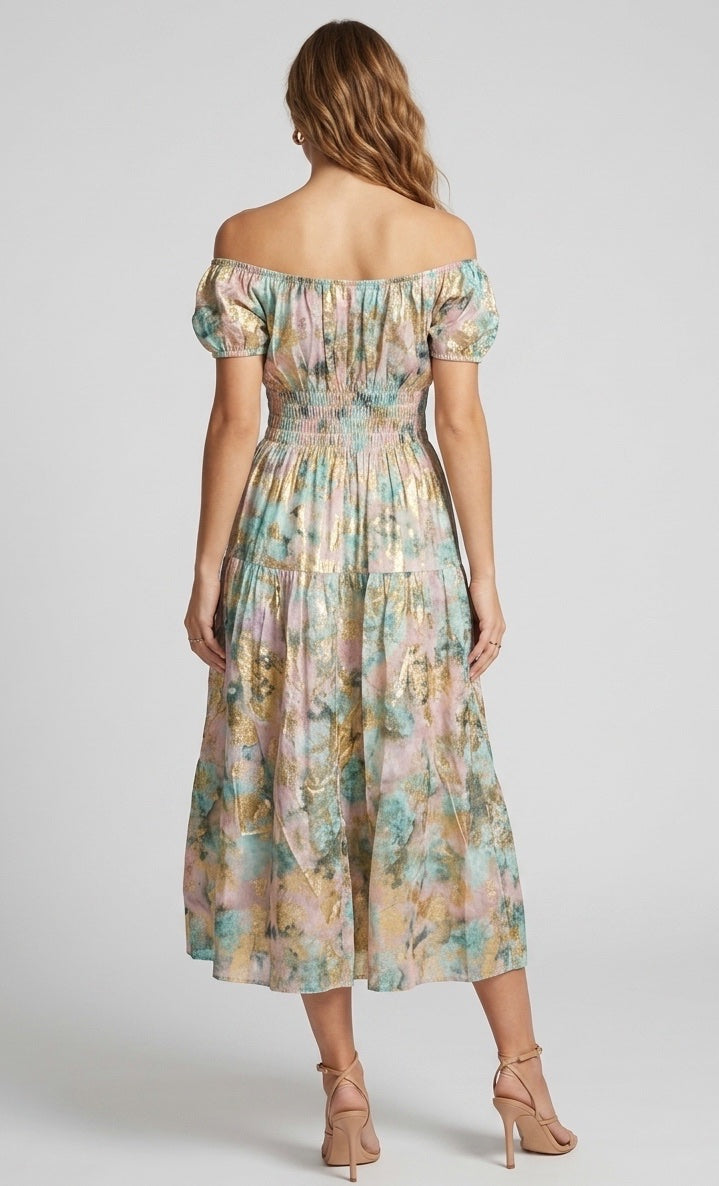 Off-Shoulder Shirred Maxi Dress - Baby Pink (2)