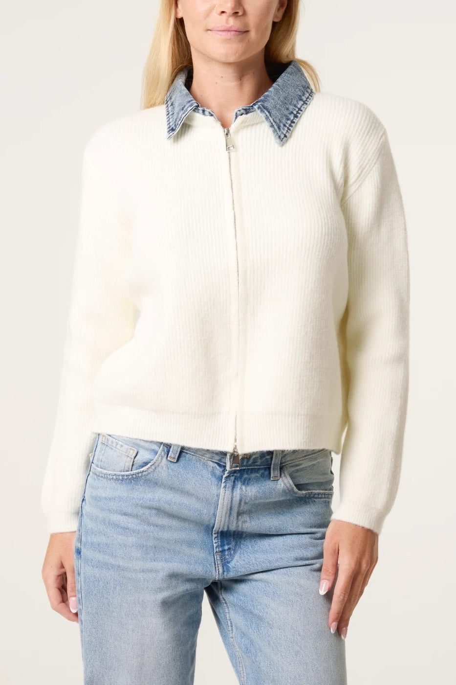 Denim Collar Zip-Up Cardigan - Ivory