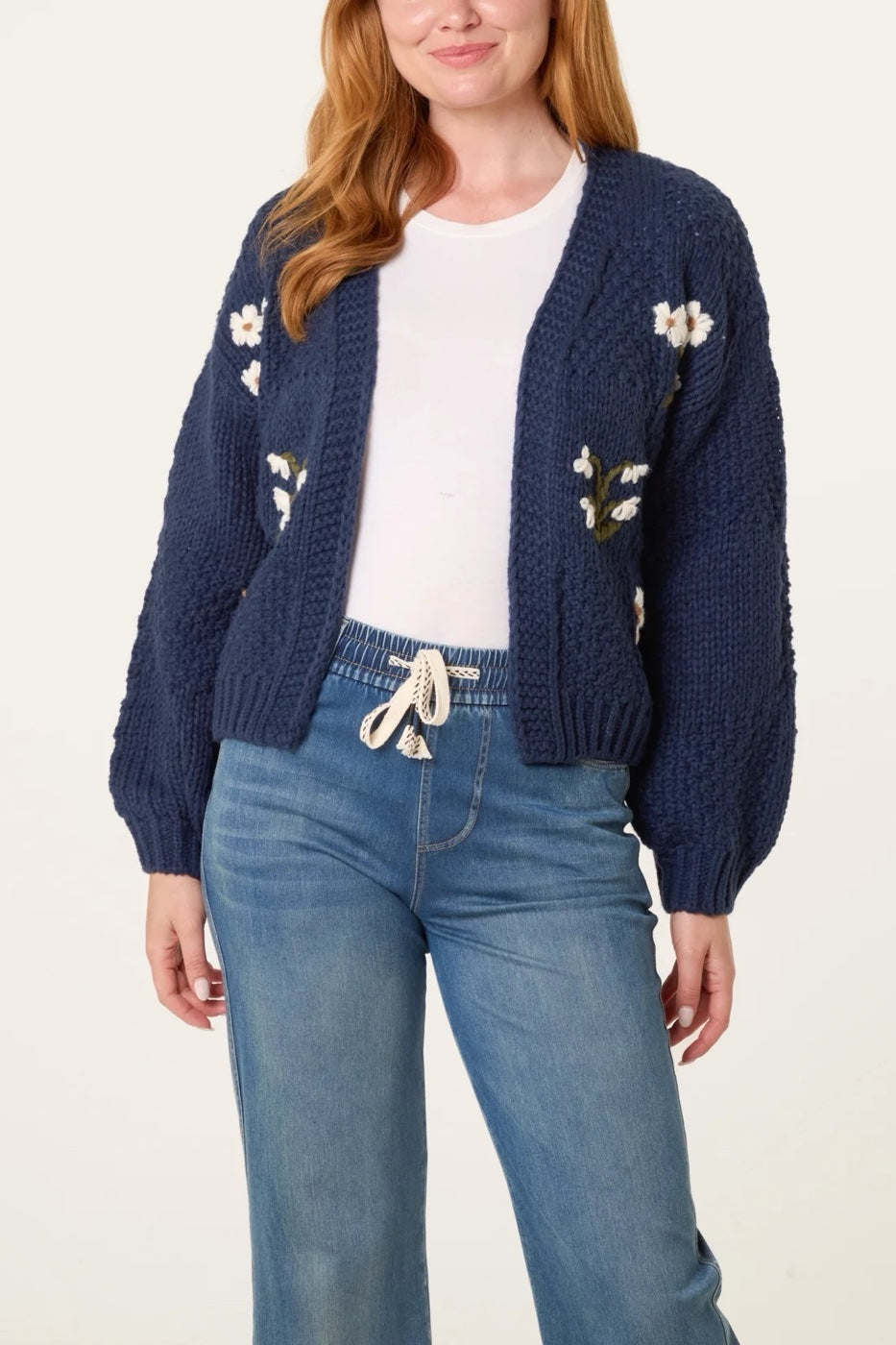 Floral Embroidered Chunky Knit Cardigan - Navy