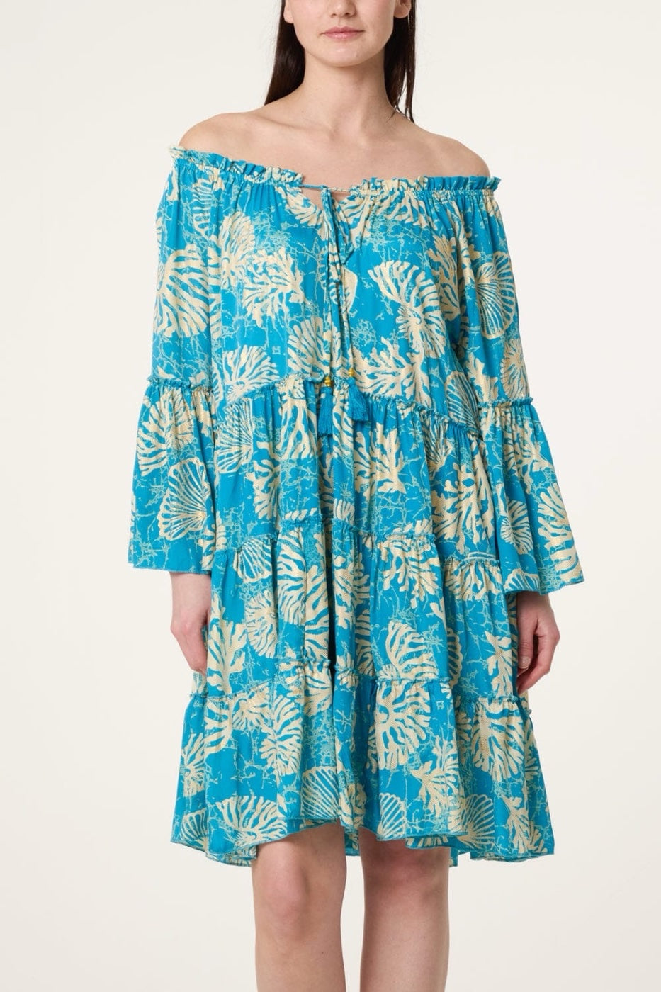 Off-The-Shoulder seashell print dress - Bright Blue (2)