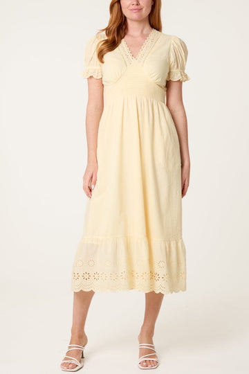 Shirred Bodice Eyelet Trim Midi Dress Lemon - Lemon
