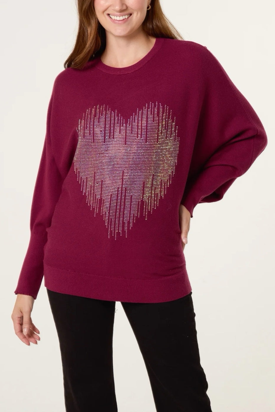 Sparkling Heart Embellished Knit Sweater - Wine