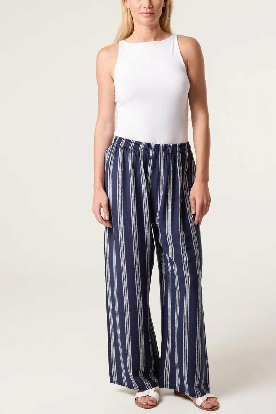 Striped Wide-Leg Trousers - Navy